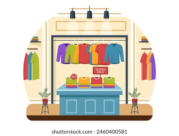 T shirt Store Vector Illustration with Shopping for Clothes or T-shirt for Fashion Styles Women or Men in Flat Cartoon Background Design