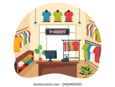 T shirt Store Vector Illustration with Shopping for Clothes or T-shirt for Fashion Styles Women or Men in Flat Cartoon Background Design