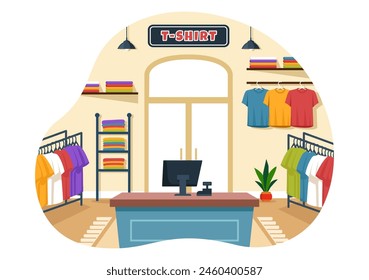 Ilustración vectorial de la tienda de la camiseta con compras para la ropa o la camiseta para los estilos de moda de las mujeres o los hombres en diseño plano del fondo de la historieta