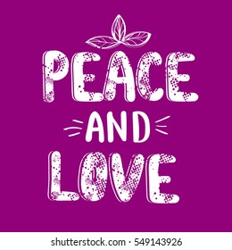 t shirt style for girls. hand written original text Peace and love on purple background. words composition with shape dots, letter