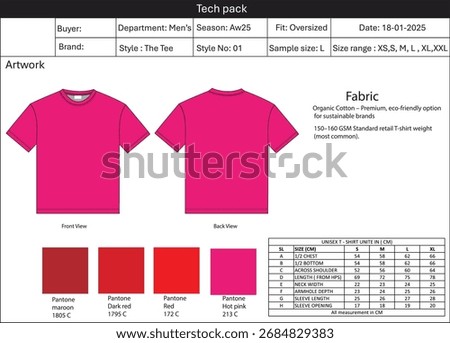 T shirt Tech pack with color Pantone and size chart