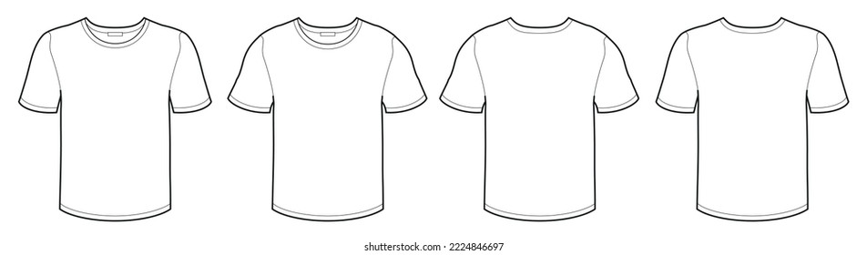 T shirt technical black and white sketch. Front and back. Line graphic drawing mock-up template. Unisex design.