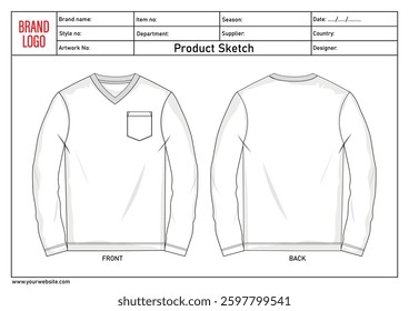 T shirt technical drawing fashion flat sketch template for men's and boys with clothing tech pack details