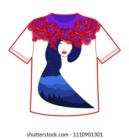 T shirt template with double exposure illustration. Beautiful woman with abstract landscape hairdressing, diadem and wreath from the beautiful flowers, fluffy eyelashes, red lips, nature background.