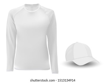 T shirt template. Long sleeve. Baseball hat blank. Soccer undershirt for man or women. Sportswear mock up. Casual tee short front view. Realistic hat apparel for promotion