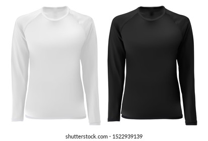 T shirt template. Long sleeve black, white design for male and female. Front view. Isolated clothing printing mock up of sportswear apparel. Undershirt soccer uniform. Dark tee short