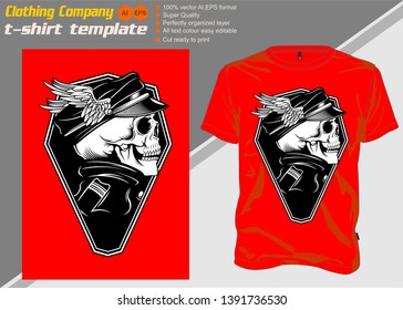 t shirt template with skull captain,hand drawing vector