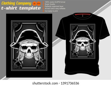 t shirt template with skull pirate,hand drawing vector