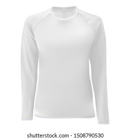 T shirt template. White blank front view. Women long sleeve body. Female apparel. Sport uniform undershirt. Tshirt clothing mock up for printing. Tee shirt for young. Editable print design