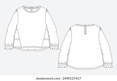 T shirt tops blouse dress design technical drawing fashion flat sketch vector illustration template for baby girls