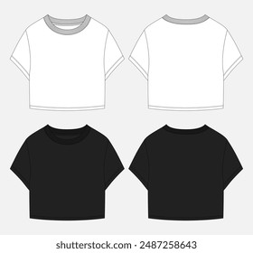 T shirt tops blouse for women's technical drawing fashion flat sketch vector illustration white and black color template front and back views. Clothing Design mock up 