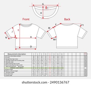 T shirt  tops measurements chart details vector illustration  