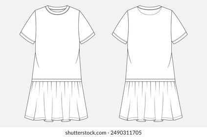 Camisetas con falda para bebé niñas. Dibujo técnico de la Ilustración vectorial de dibujo plano de Plantilla vistas frontal y posterior