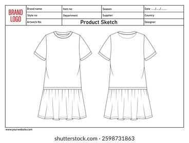 T shirt tops with skirt technical drawing fashion flat sketch vector illustration template for baby girls with tech pack details	