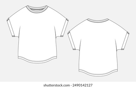  T shirt tops technical drawing fashion flat sketch vector illustration template for ladies