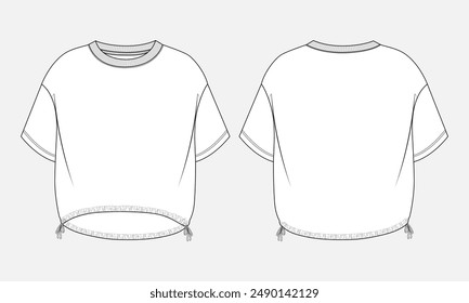  T shirt tops technical drawing fashion flat sketch vector illustration template for ladies
