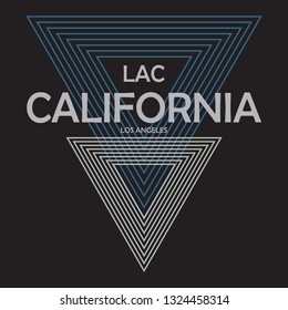 T shirt typography California graphic. Street graphic style Los Angeles. Fashion stylish print sports wear. College emblem sign. Retro. Template apparel, card, label, poster. Vector illustration.