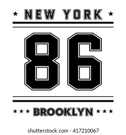 T shirt typography graphic New York city Brooklyn. Street graphic style NYC. Fashion stylish print sports wear. College emblem sign. Retro. Template apparel, card, label, poster. Vector illustration.