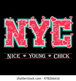 T shirt typography graphic New York. Athletic style NYC. Girl fashion stylish print for sports wear. College team. Cute template for apparel, card, poster. Symbol varsity. Vector illustration
