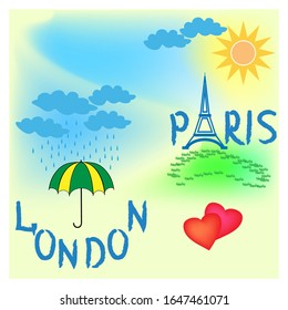 T shirt typography graphic with quote London Paris. Fashion print for sports wear. Template for t shirt, apparel, card, poster. Design element. Symbol of tourism. Vector illustration