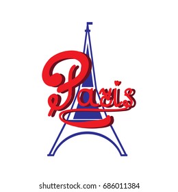T shirt typography graphic with quote Paris. Fashion print for sports wear. Template for t shirt, apparel, card, poster. Eiffel Tower as symbol of love. Design element. Vector illustration