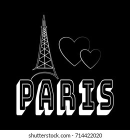 T shirt typography graphic with quote Paris. Fashion print for sports wear. Template for t shirt, apparel, card, poster. Eiffel Tower and heart as symbol of love. Design element. Vector illustration
