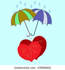 T shirt typography graphic with umbrella and leaf heart. Fashion print for sports wear. Template for t, apparel, card, poster. Design element. Couple heart as symbol of love. Vector illustration