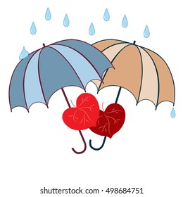 T shirt typography graphic with umbrella and leaf heart. Fashion print for sports wear. Template for t, apparel, card, poster. Design element. Couple heart as symbol of love. Vector illustration