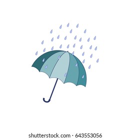 T shirt typography graphic with umbrella on white background. Fashion stylish print for sports wear. Template for t, apparel, card, poster. Design element. Umbrella as symbol rain. Vector illustration