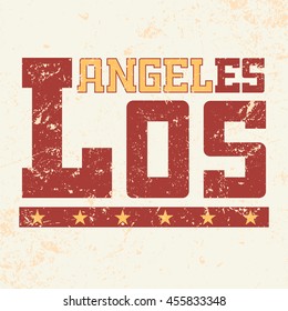 T shirt typography graphics Los Angeles California. Athletic style LA. Fashion stylish print emblem for sports wear. Template for apparel, card, poster. Symbol of american big city Vector illustration