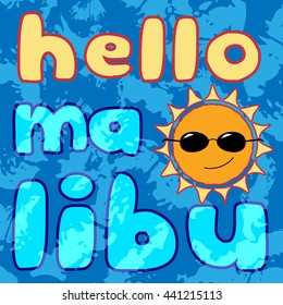 T shirt typography graphics Malibu Beach California. Athletic style. Fashion stylish print sports wear. Template for apparel, card, poster. Symbol of surf, tropical summer, surfing Vector illustration