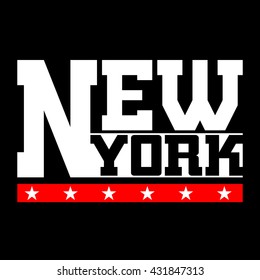 T shirt typography graphics New York. Athletic style NYC. Fashion stylish print for sports wear. Black white red emblem. Template for apparel, card, label, poster. Symbol big city. Vector illustration