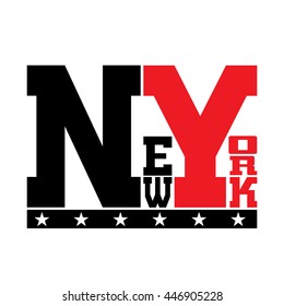 T shirt typography graphics New York. Athletic style NYC. Fashion stylish print for sports wear. Black white red emblem. Template for apparel, card, label, poster. Symbol big city. Vector illustration