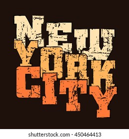 T shirt typography graphics New York. Athletic style NYC. Fashion american stylish print for sports wear. Black grunge emblem. Template for apparel, card, poster. Symbol big city. Vector illustration