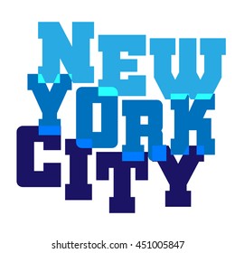 T shirt typography graphics New York. Athletic style NYC. Fashion american stylish print for sports wear. Blue on white emblem. Template for apparel, card, poster. Symbol big city. Vector illustration