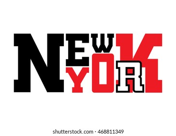T shirt typography graphics New York. Athletic style NYC. Fashion stylish print for sports wear. Black white red emblem. Template for apparel, card, poster. Symbol big city. Vector illustration