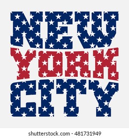 T shirt typography graphics New York. Athletic style NYC. Fashion american stylish print for sports wear. Color on white emblem. Template for apparel, poster. Symbol big city Vector illustration