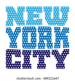 T shirt typography graphics New York. Athletic style NYC. Fashion american stylish print for sports wear. Blue on white emblem. Template for apparel, card, poster. Symbol big city. Vector illustration