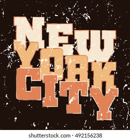 T shirt typography graphics New York. Athletic style NYC. Fashion american stylish print for sports wear. Black grunge emblem. Template for apparel, card, poster. Symbol big city. Vector illustration