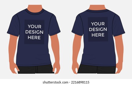 T Shirt vector illustration design With young man Front and back Views. Apparel Navy color Mock up template isolated on White background