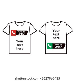 T shirts with space for text and call us 24 7 sign on a white background with copy space