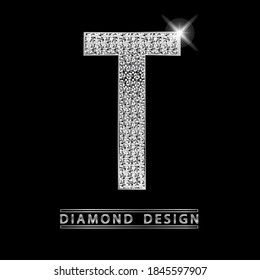 T silver shining Letter with diamonds vector illustration. White gems with light on metallic letter. Stylish luxury type logo for jewelry or casino business.