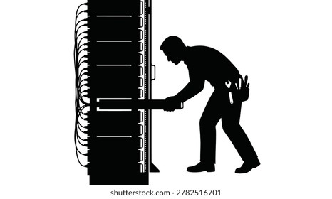 T Technician Installing Server in Data Center Silhouette