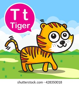 T Tiger animal cartoon and alphabet for children to learning vector illustration eps10