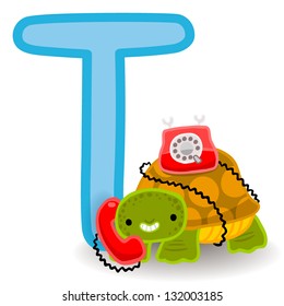 T for turtle and telephone. Letter for funny alphabet.