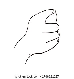 T is the twentieth letter of the alphabet in sign language. Black and white drawing of a hand. Fig shish. A hand making the hand signal with thumb wedged between fingers gesture for the fig sign