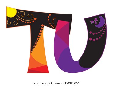 T U logo illustration black background with colorful graphic designs icons inside including a sun and a moon 