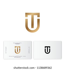 T and U monogram. T letter U letter as a gold shield. Digital logo. Flat style emblem. Identity, business card. Inverted version.