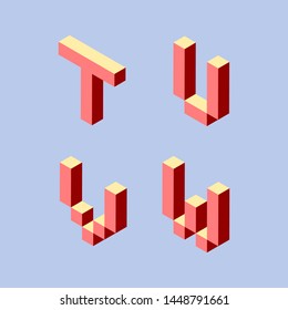 T, U, V, W letters 3 d pixel art set in isometric left. Red signs and letters on a light blue background. Vector illustration.