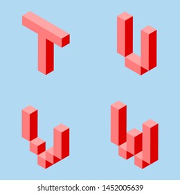 T, U, V, W letters 3 d pixel art set in isometric left. Red signs and letters on a light blue background. Vector illustration.